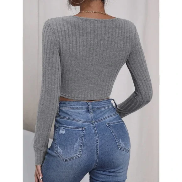 Square Neck Ribbed Knit Crop Tee long sleeve minimalist y2k black - Picture 5 of 6